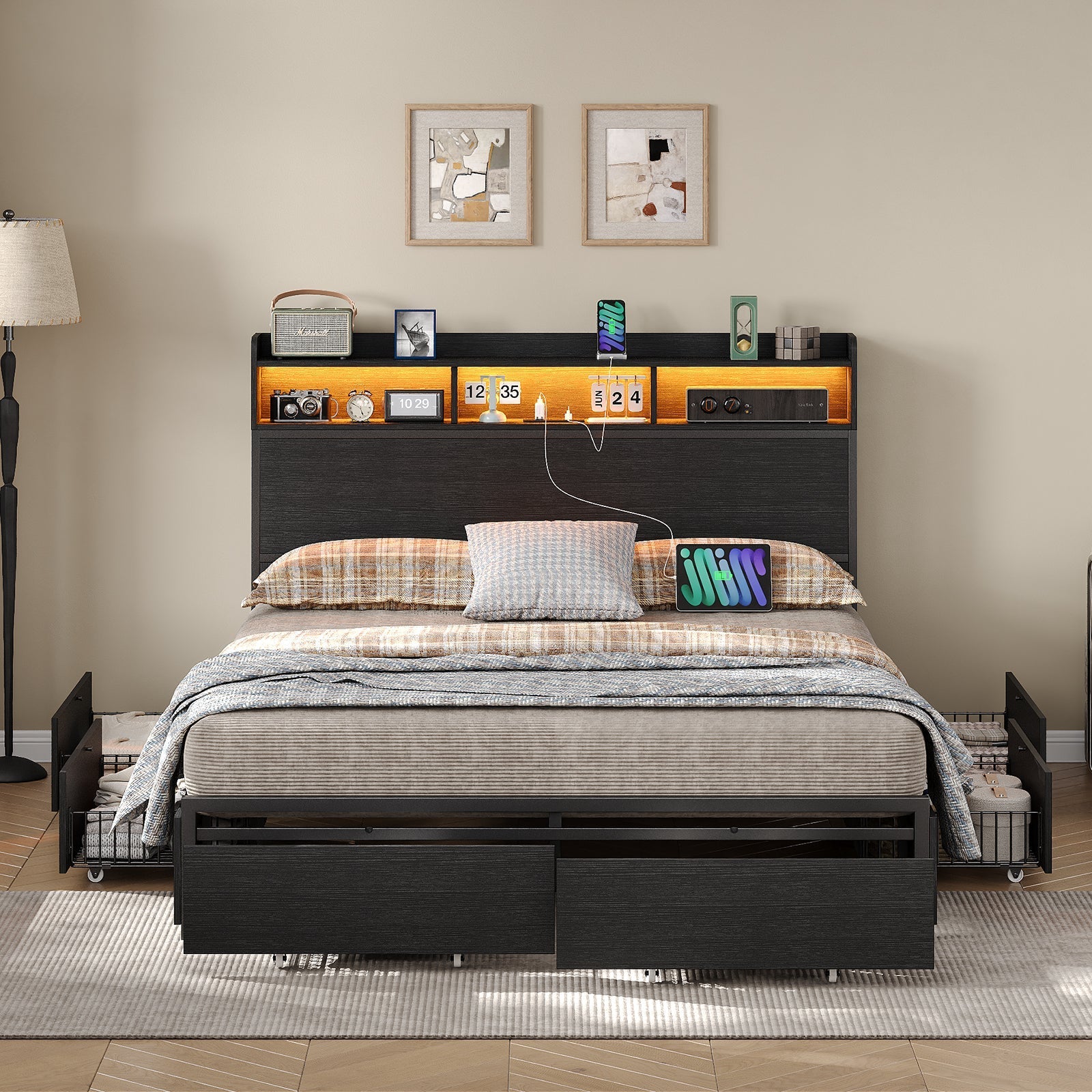 Full Metal Bed Frame with USB Charging, Storage Drawers, No Box Spring Needed Black - Yanosaku