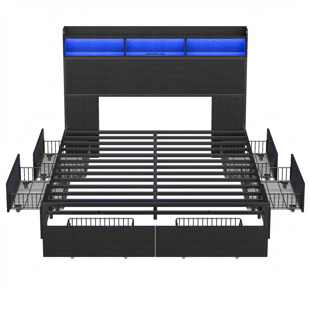 Full Metal Bed Frame with USB Charging, Storage Drawers, No Box Spring Needed Black - Yanosaku