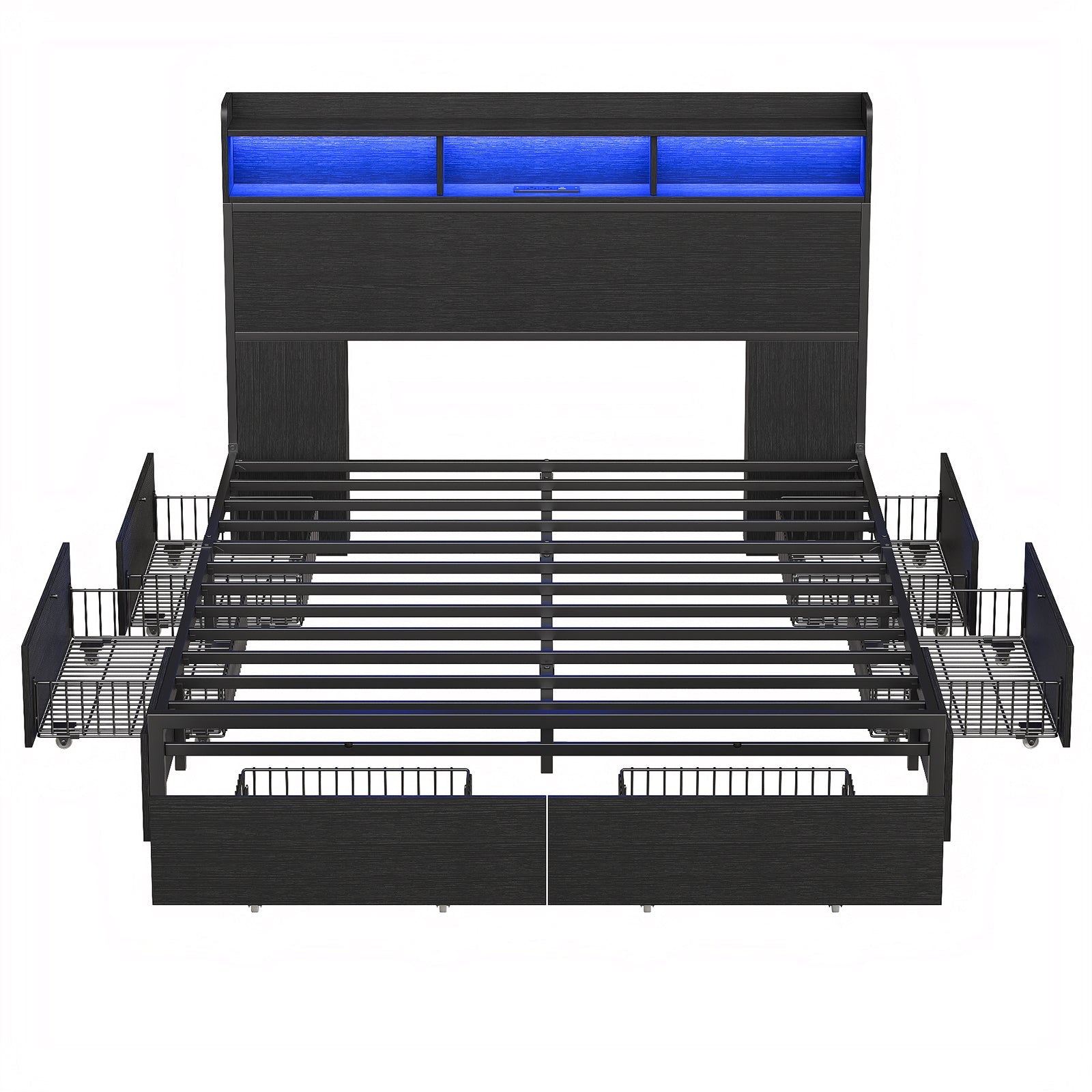 Full Metal Bed Frame with USB Charging, Storage Drawers, No Box Spring Needed Black - Yanosaku