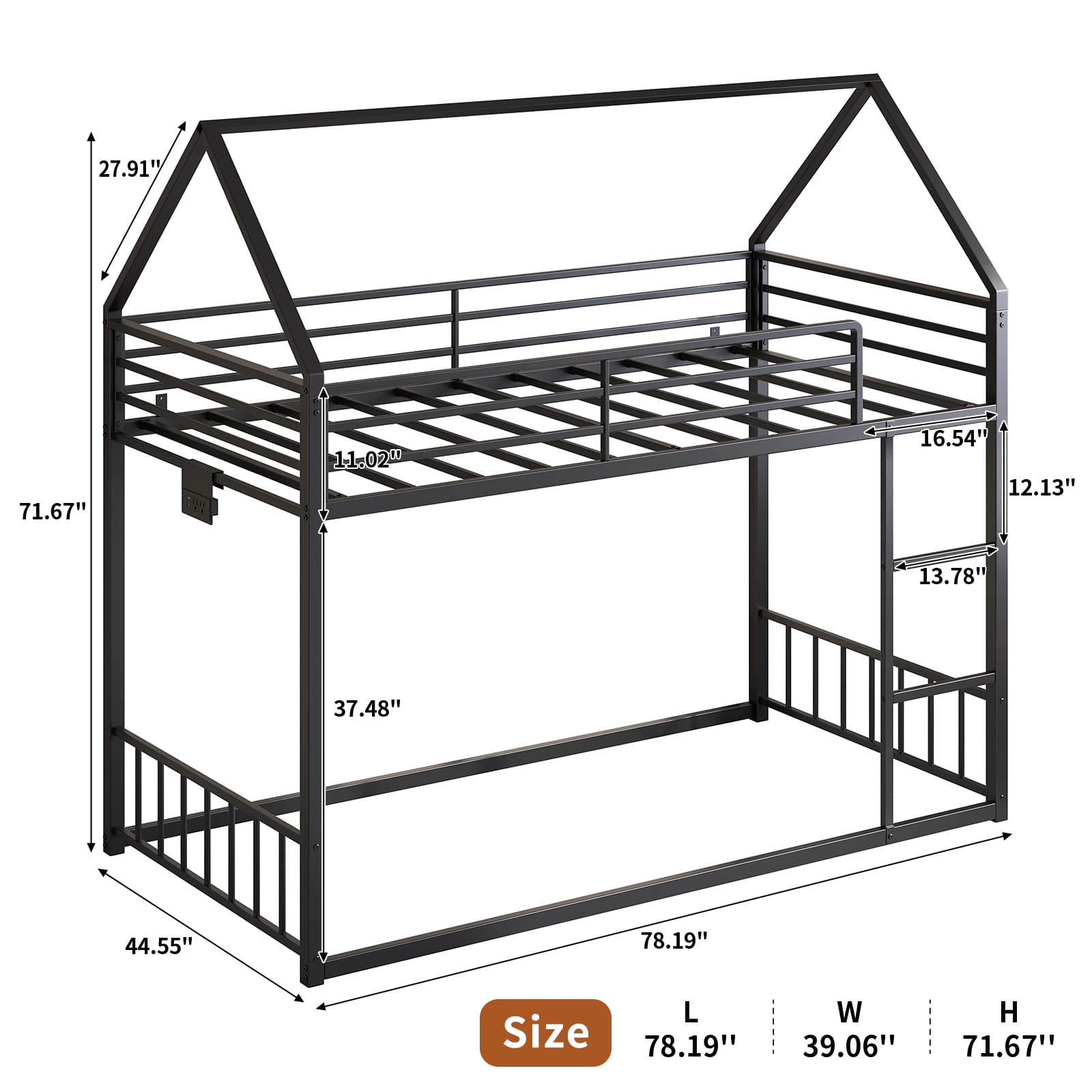 Twin Metal Bunk Bed with RGB LED, USB Charging - Yanosaku