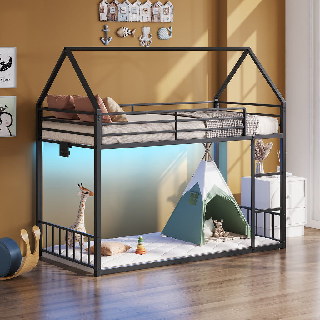 Twin Metal Bunk Bed with RGB LED, USB Charging - Yanosaku