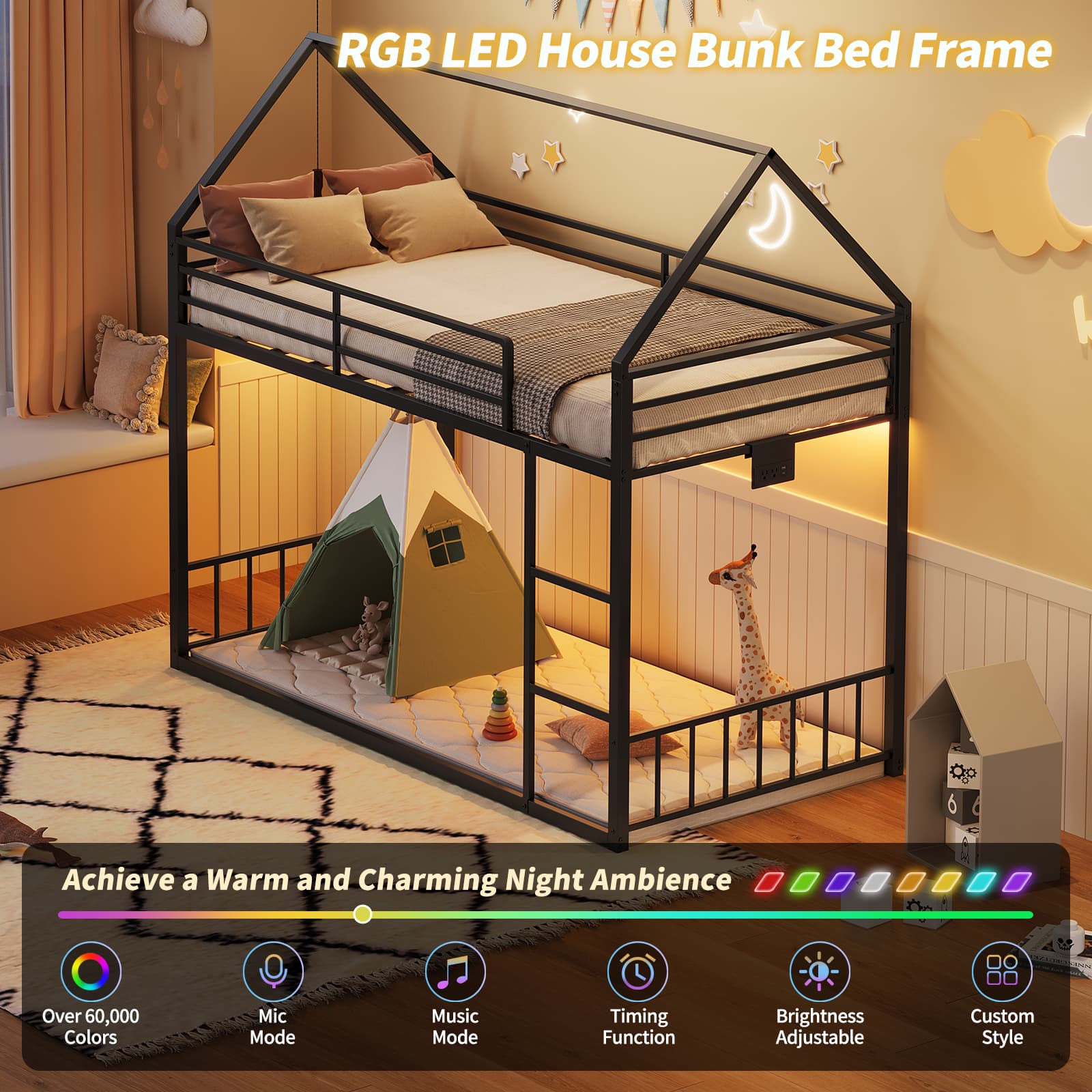 Twin Metal Bunk Bed with RGB LED, USB Charging - Yanosaku