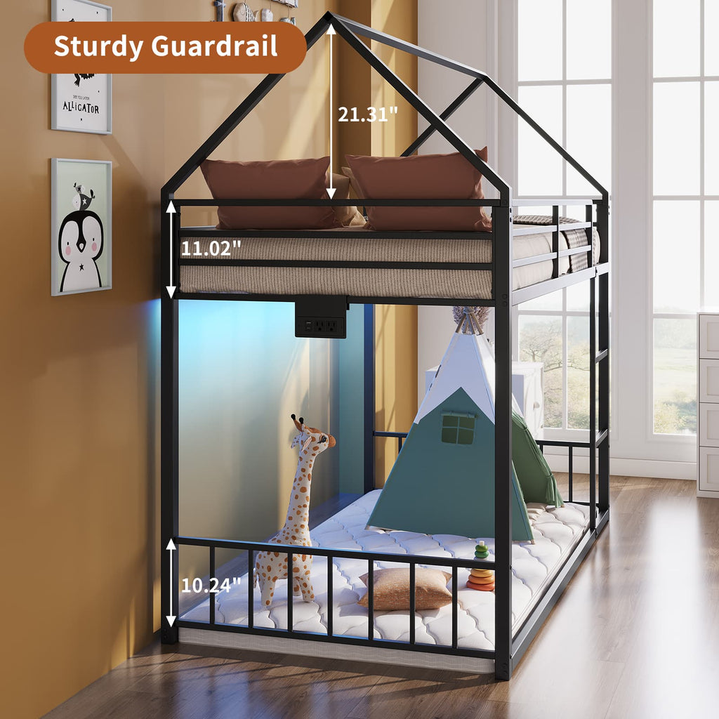 Twin Metal Bunk Bed with RGB LED, USB Charging - Yanosaku
