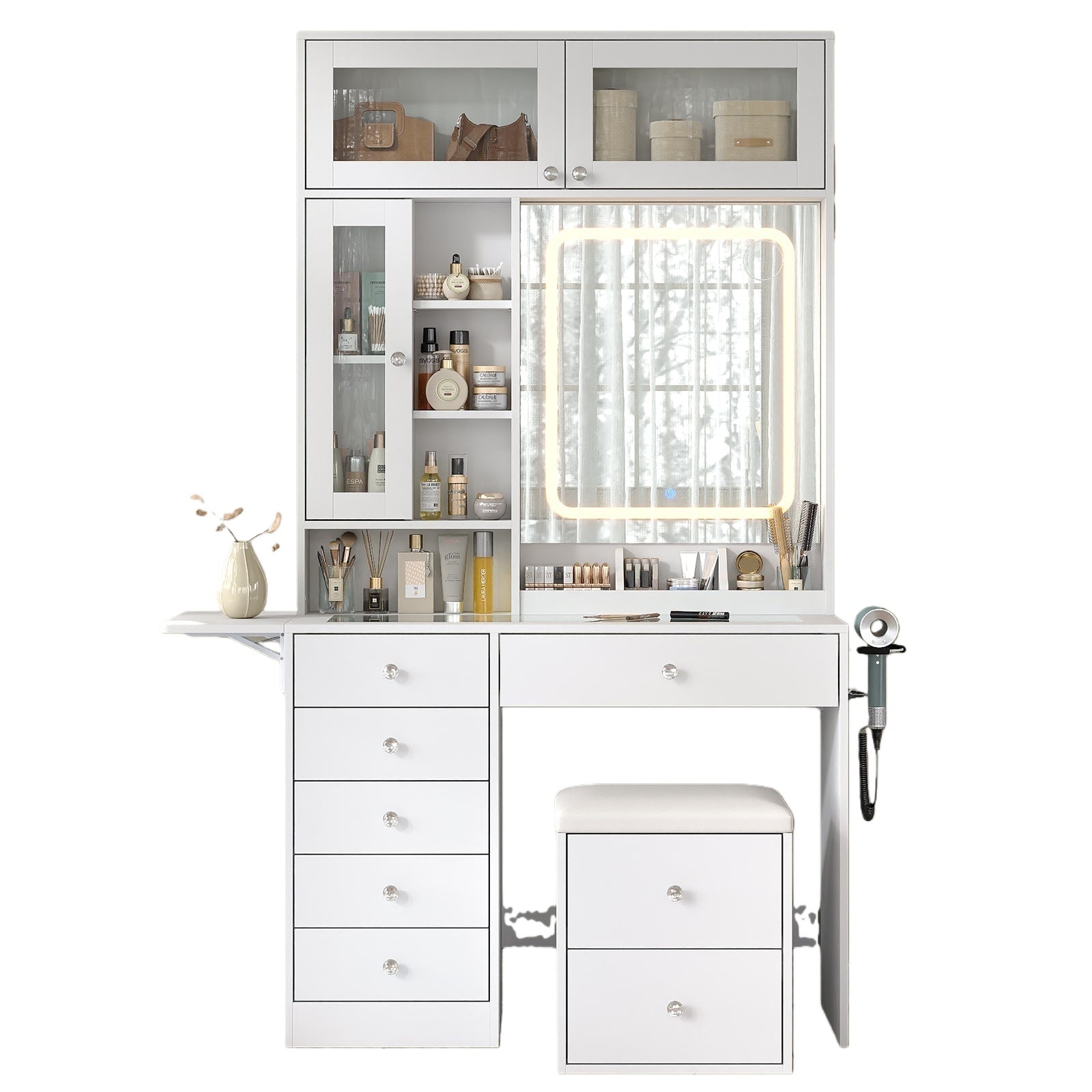 LED Mirror Vanity Desk with Stool White-Yanosaku