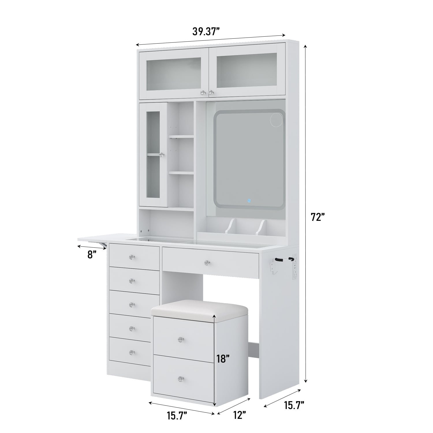 LED Mirror Vanity Desk with Stool White-Yanosaku