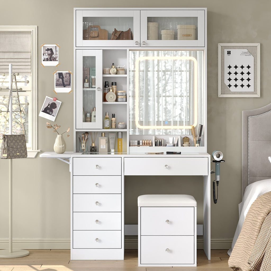 LED Mirror Vanity Desk with Stool White-Yanosaku