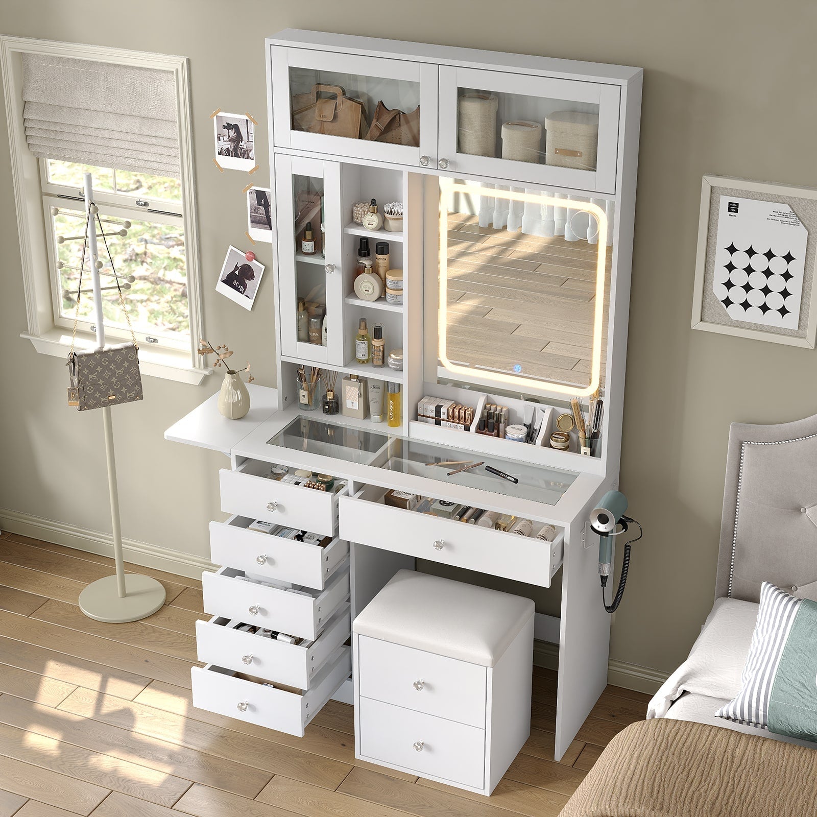 LED Mirror Vanity Desk with Stool White-Yanosaku