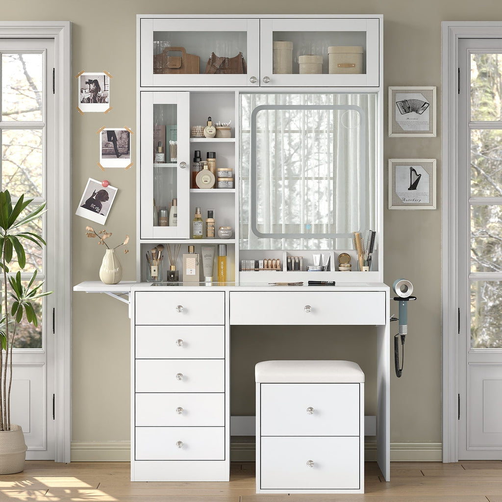 LED Mirror Vanity Desk with Stool White-Yanosaku